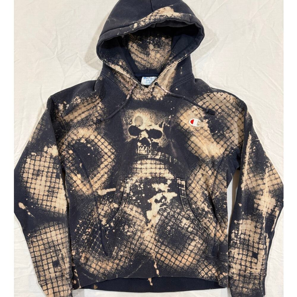 Custom Reworked Bleach Dyed Skull Zip Up Hoodie Size Small Champion